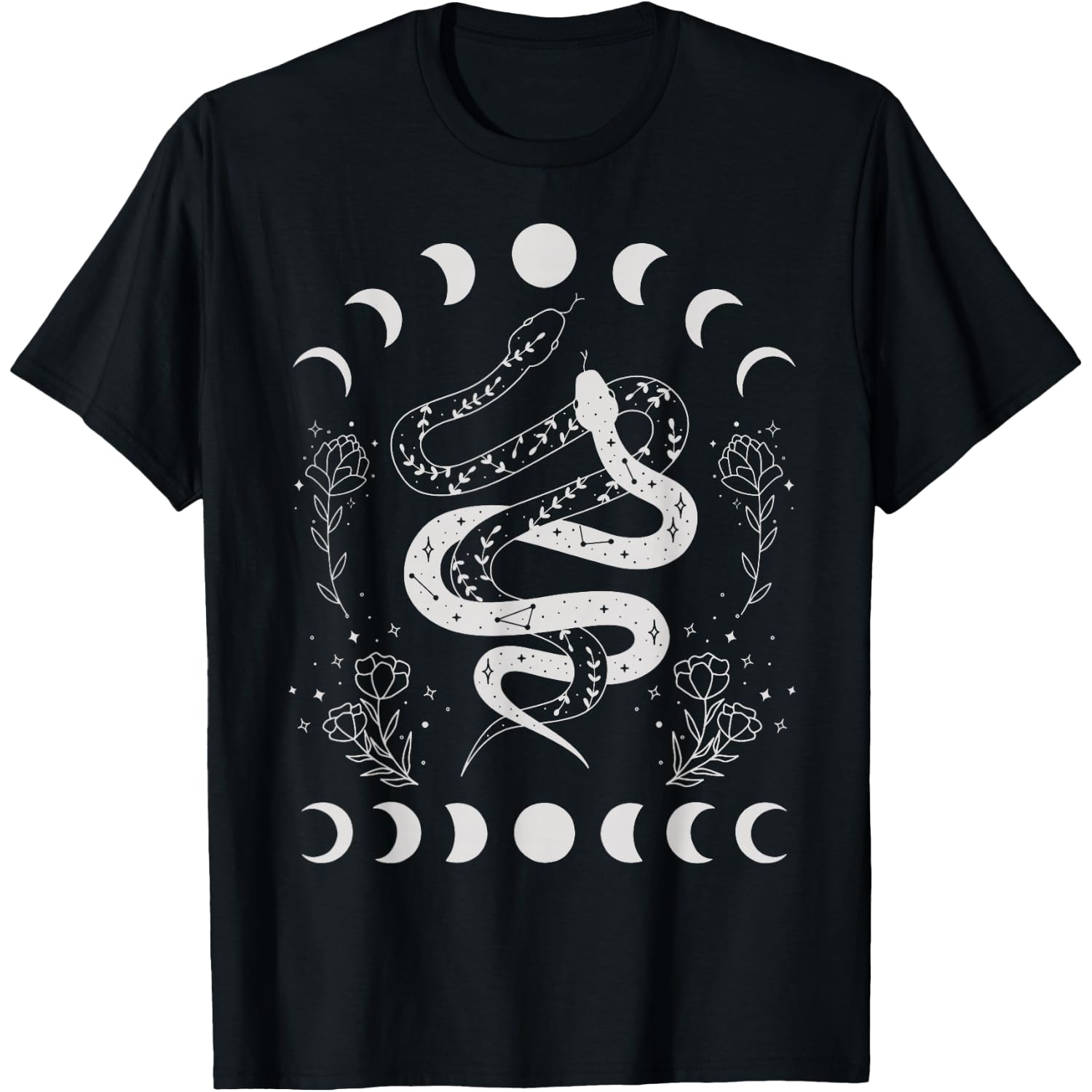 Snake and Moon Phases Celestial Floral Witchy Halloween T-Shirt