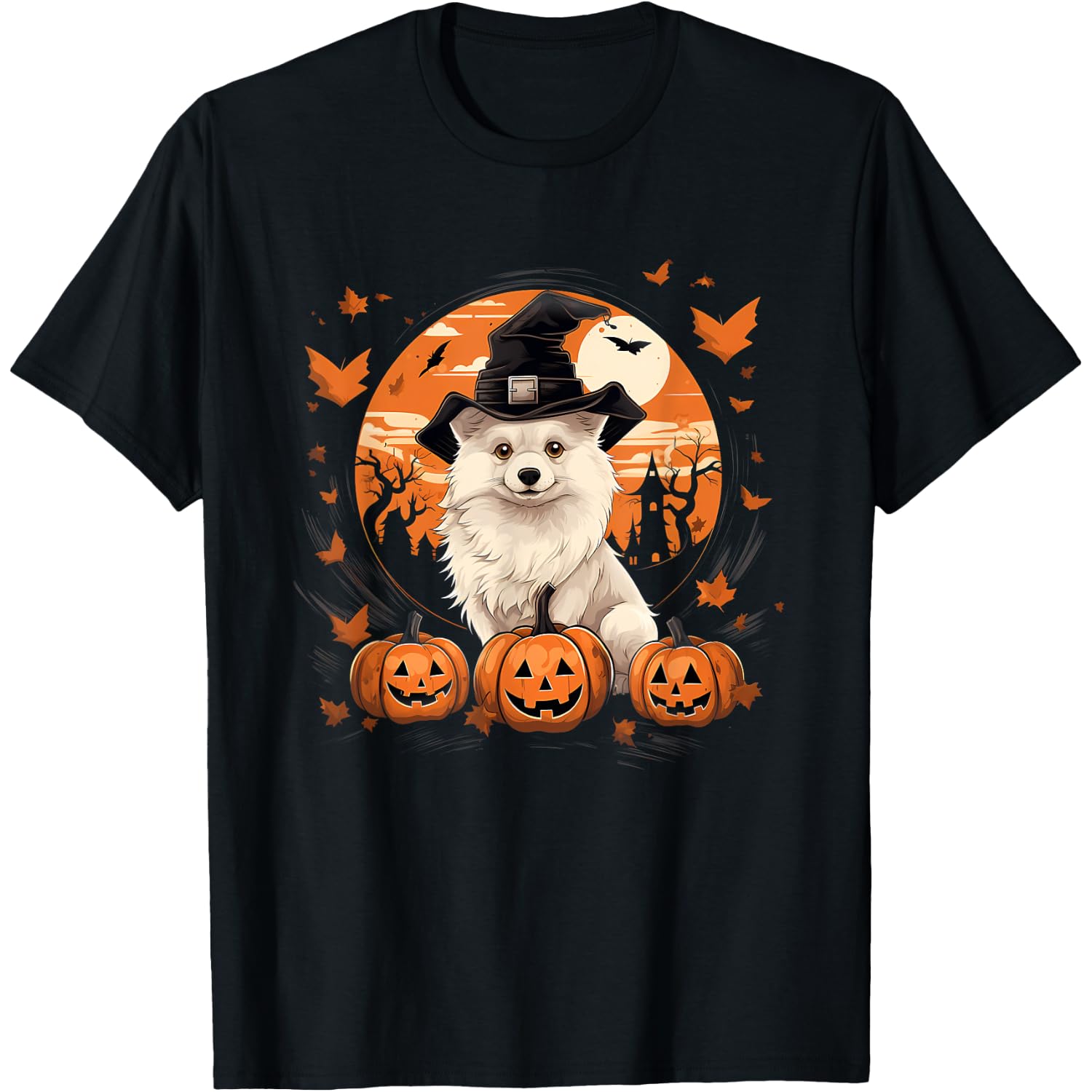Spooky American Eskimo Dog Witch Halloween T-Shirt for Men Women Kids