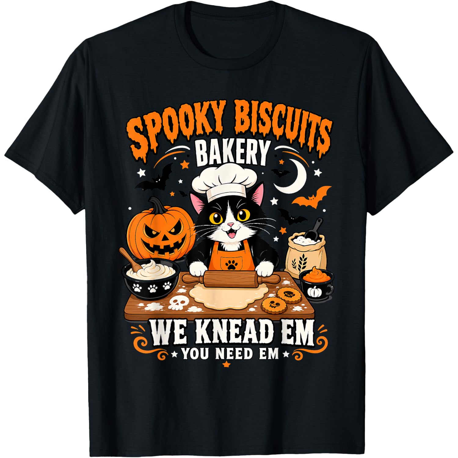 Spooky Biscuits Bakery Black Cat Halloween Baking T-Shirt