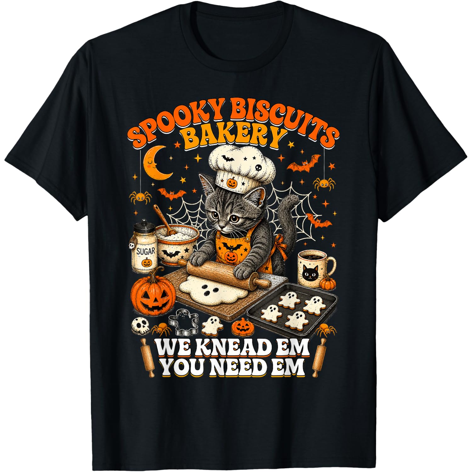 Spooky Biscuits Bakery Funny Black Cat Halloween Pumpkin T-Shirt