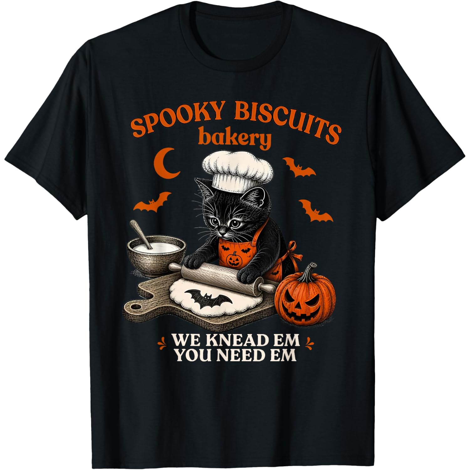 Spooky Biscuits Bakery Funny Black Cat Halloween Pumpkin T-Shirt