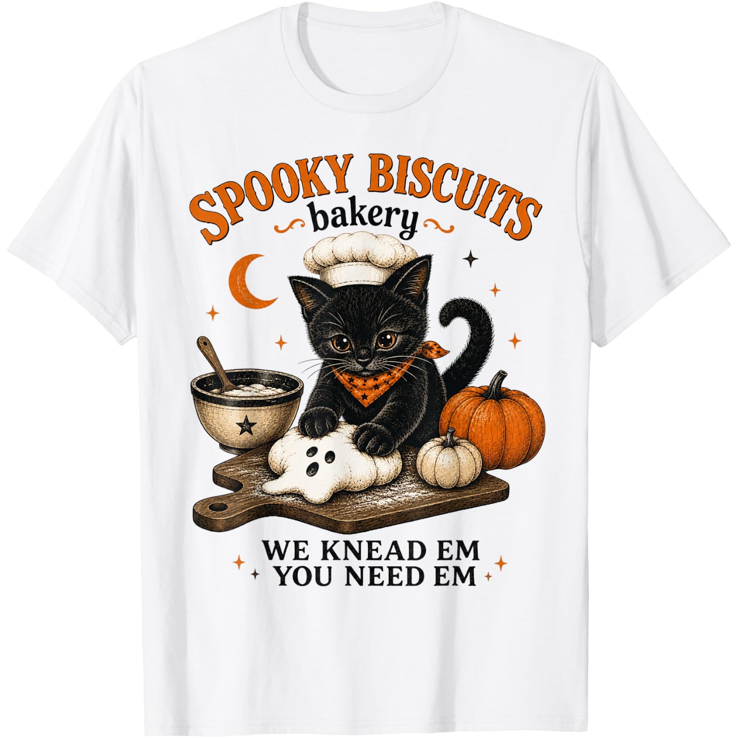 Spooky Biscuits Bakery Funny Black Cat Halloween Pumpkin T-Shirt