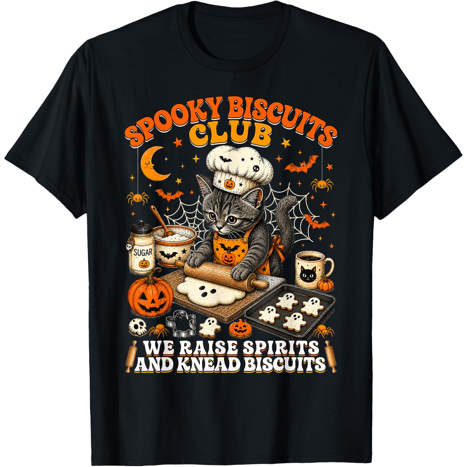 Spooky Biscuits Club Black Cat Bakery Funny Halloween Baking T-Shirt