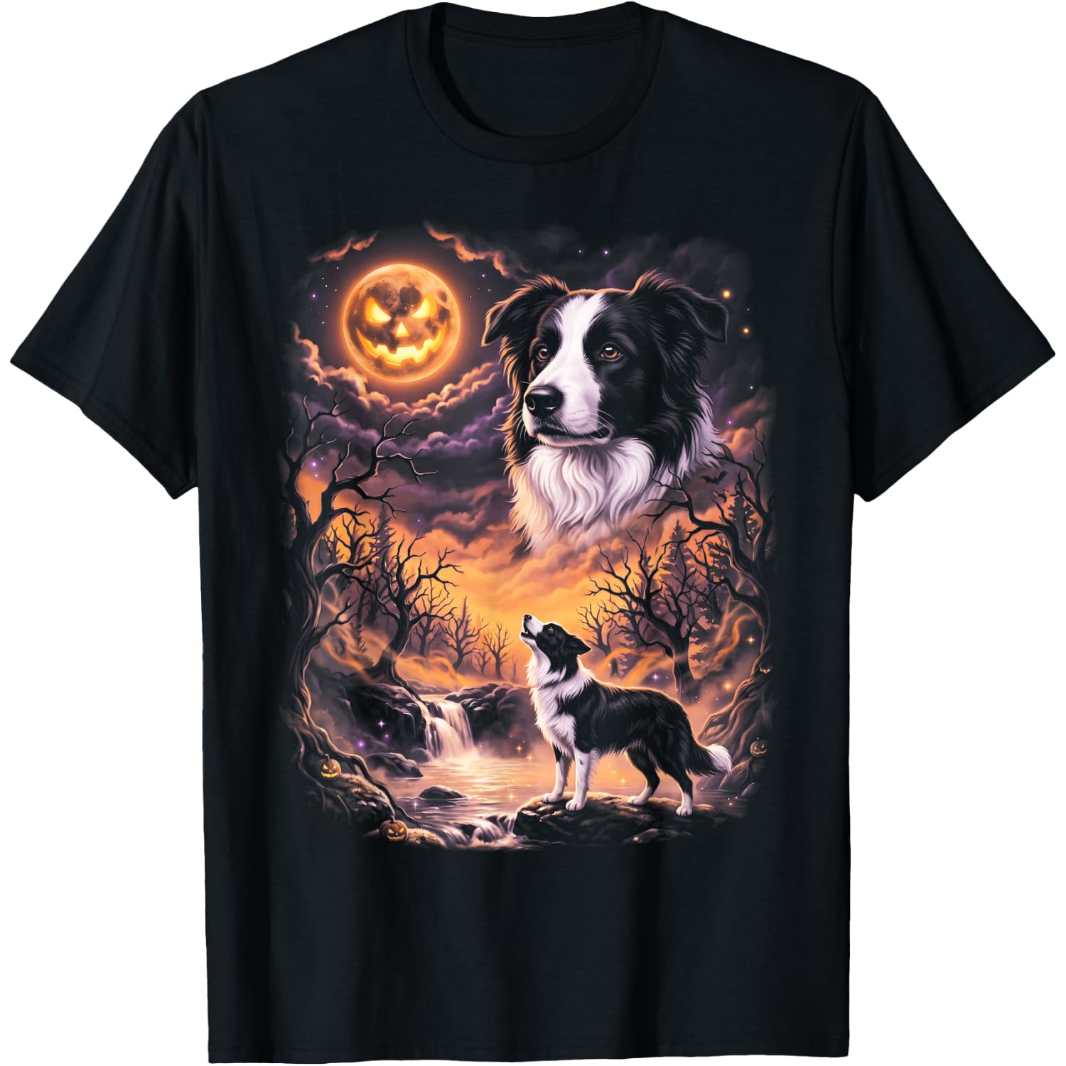 Spooky Border Collie Howling at Moon Retro 90's Halloween T-Shirt