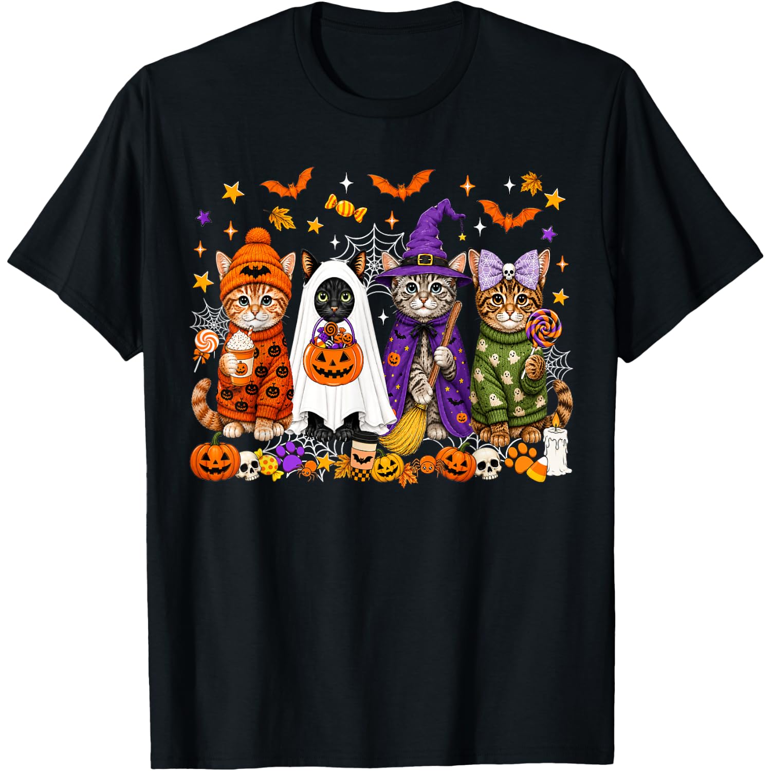 Spooky Cat Pumpkin Halloween Cute Cat Lover Men Women Kids T-Shirt