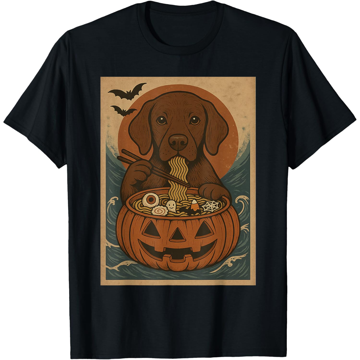 Spooky Chocolate Labrador Pumpkin Japanese Ramen Noodles T-Shirt