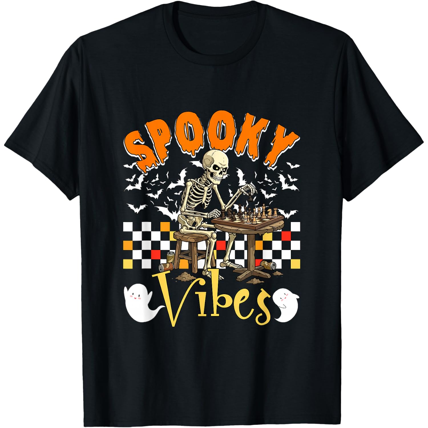 Spooky Funny Vibes Halloween Playing Chess Costume Skeleton T-Shirt