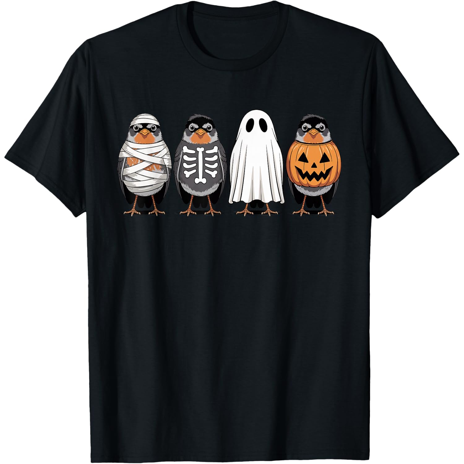Spooky Ghost American Robin Bird Pumpkin Halloween Skeleton T-Shirt