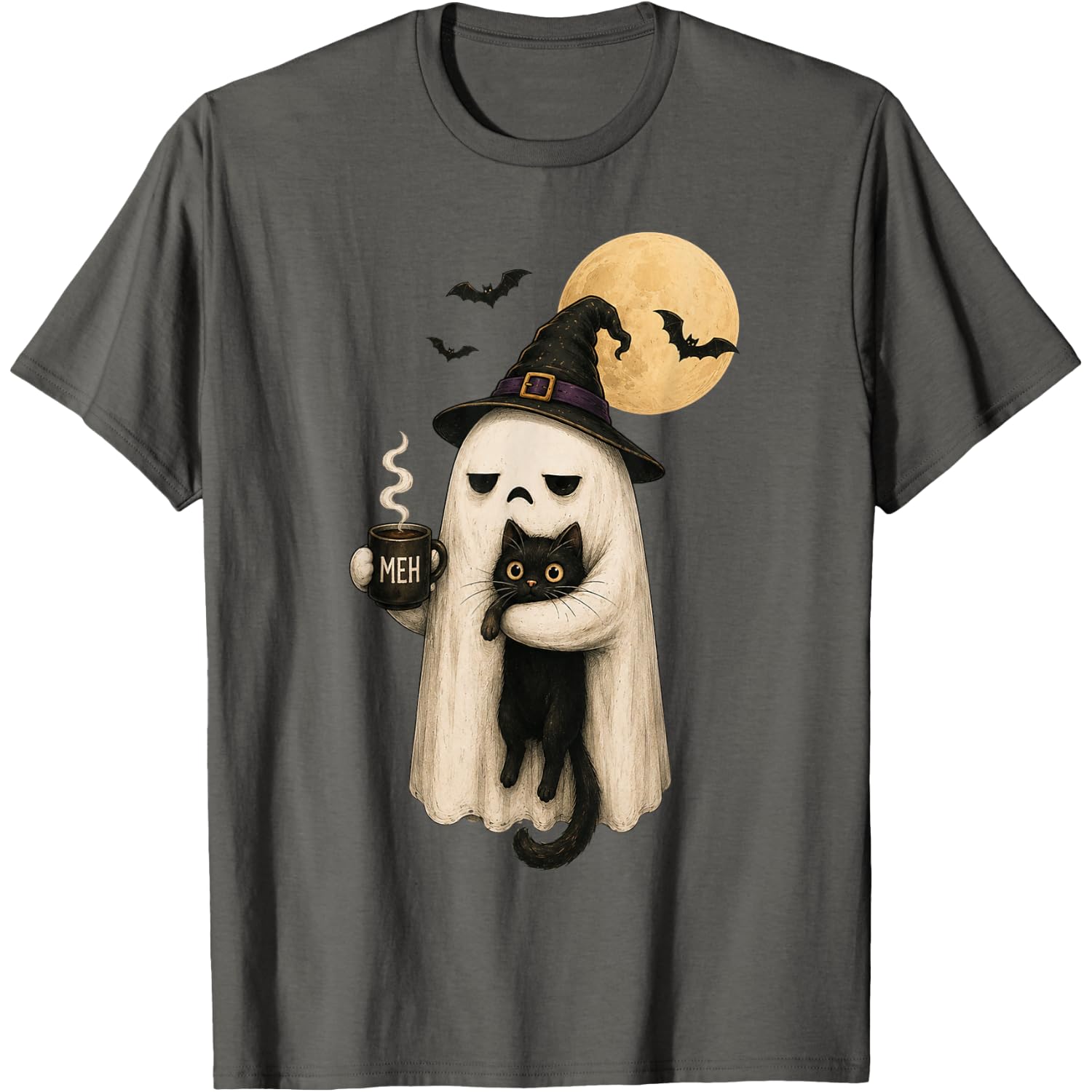 Spooky Ghost Black Cat Coffee Lover Funny Halloween Vintage T-Shirt