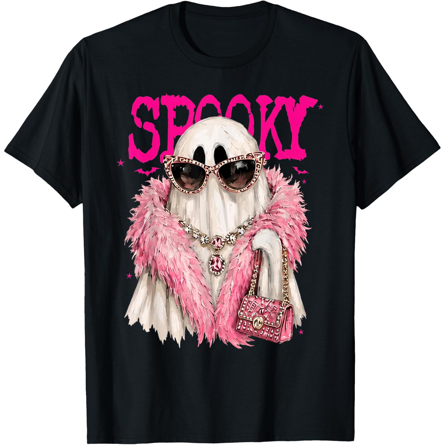 Spooky Ghost Fashion Pink Fur Glam Halloween Graphic Women T-Shirt