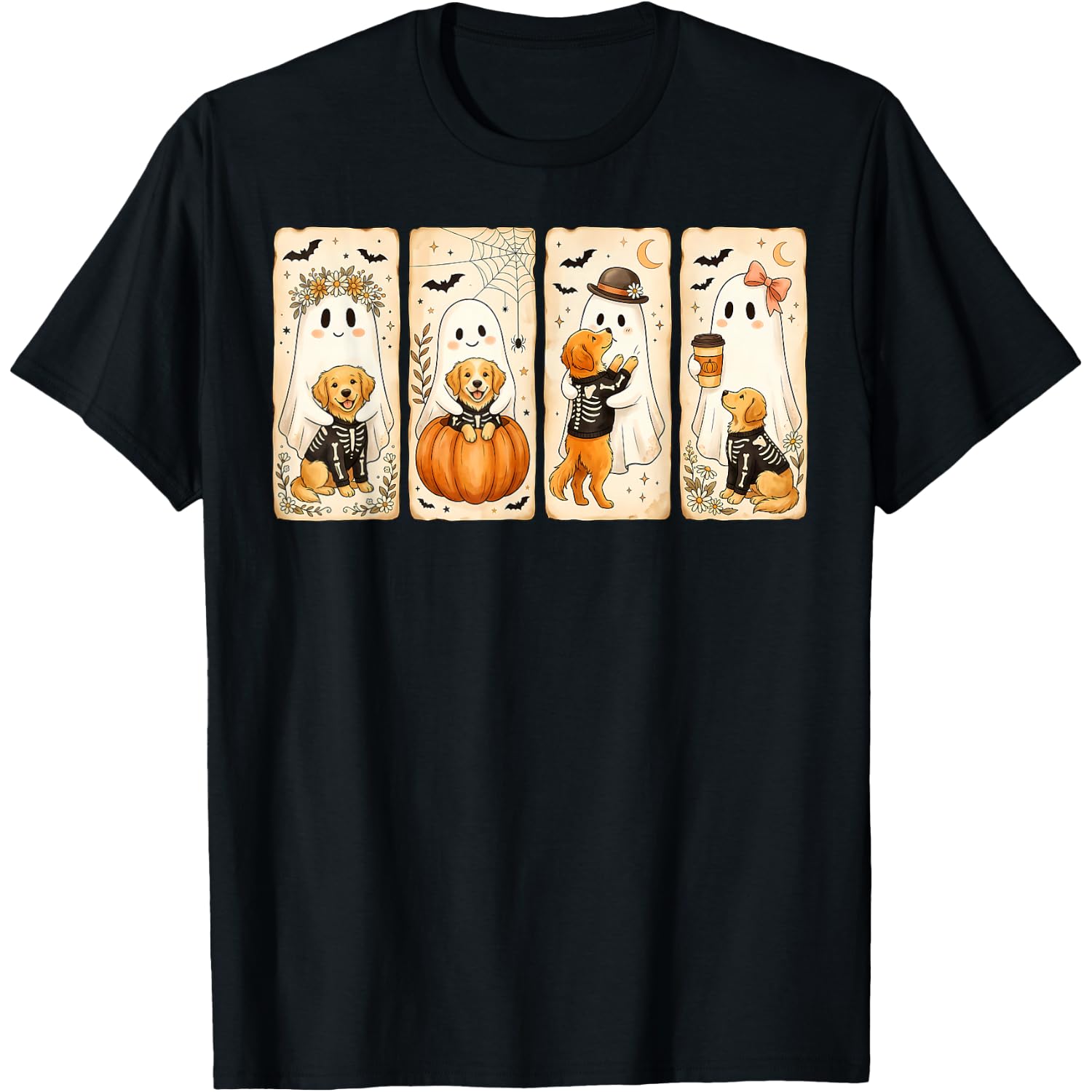 Spooky Ghost Golden Retriever Pumpkin Halloween Dog Skeleton T-Shirt