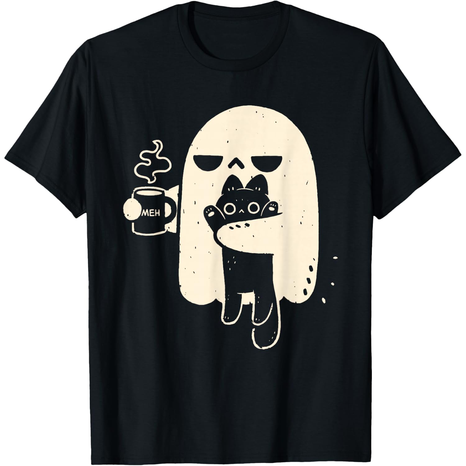 Spooky Ghost Holding Black Cat Coffee Lover Funny Halloween T-Shirt