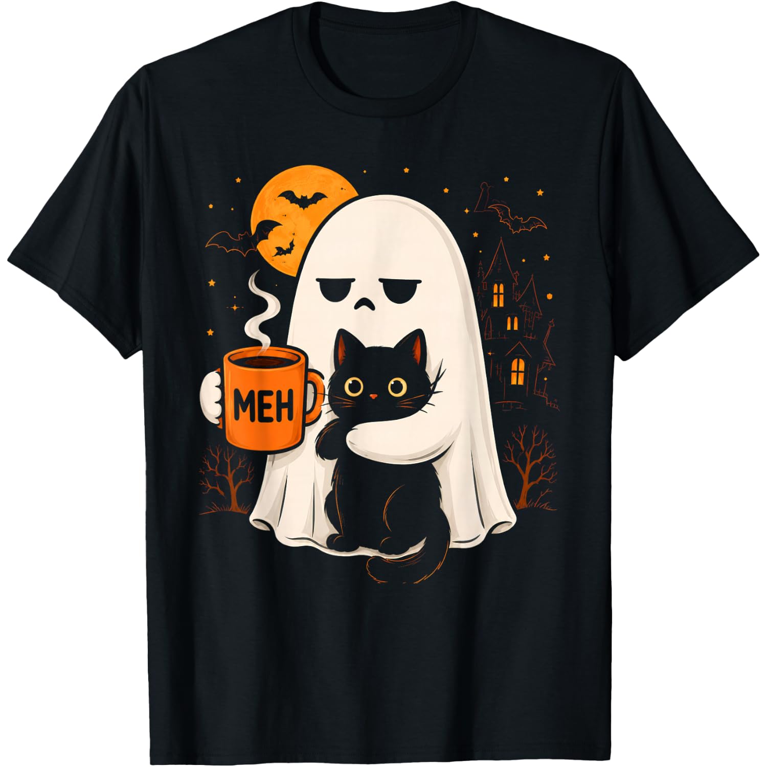 Spooky Ghost Holding Black Cat Coffee Lover Funny Halloween T-Shirt