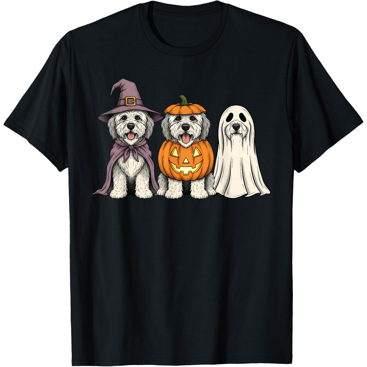 Spooky Ghost Old English Sheepdog Pumpkin Halloween Dog T-Shirt
