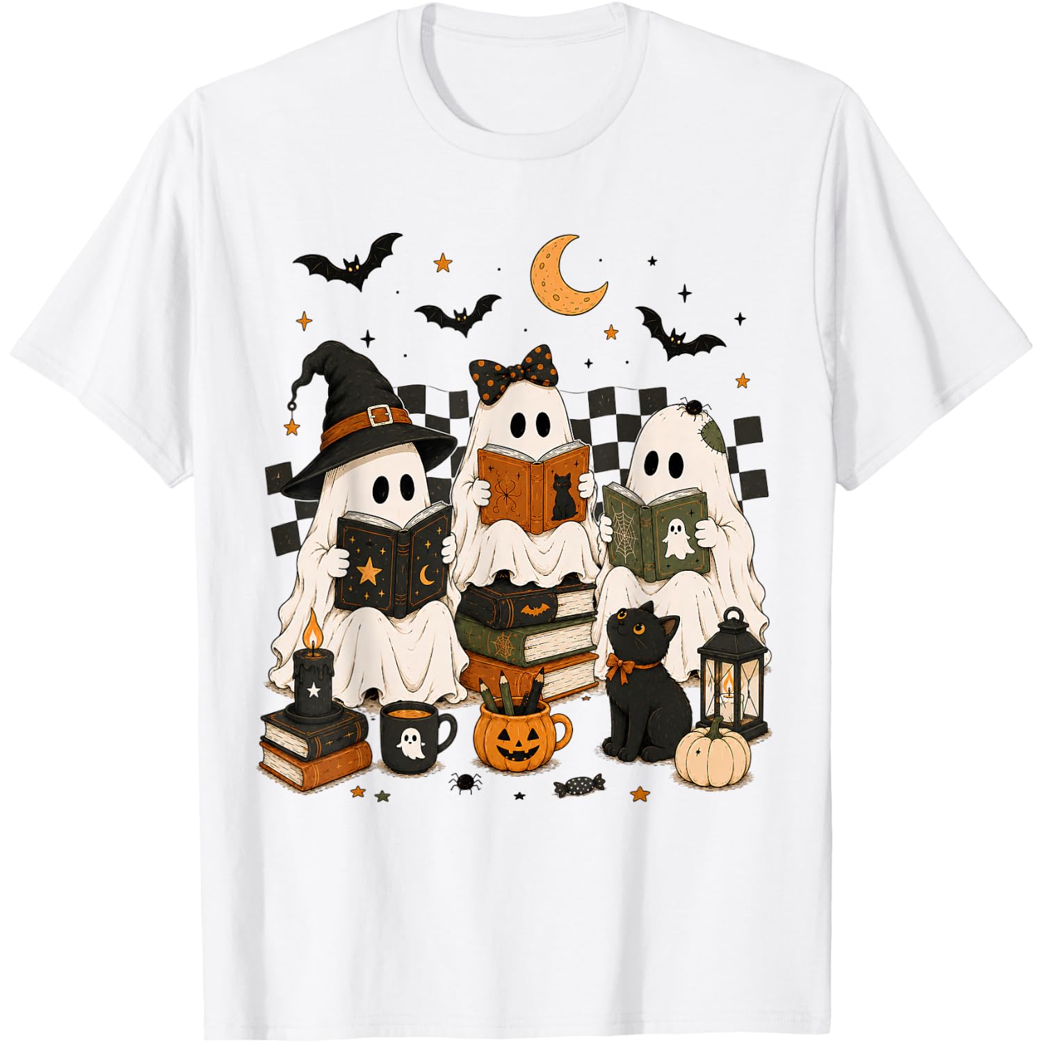 Spooky Ghost Reading Books Funny Pumpkin Halloween Autumn T-Shirt