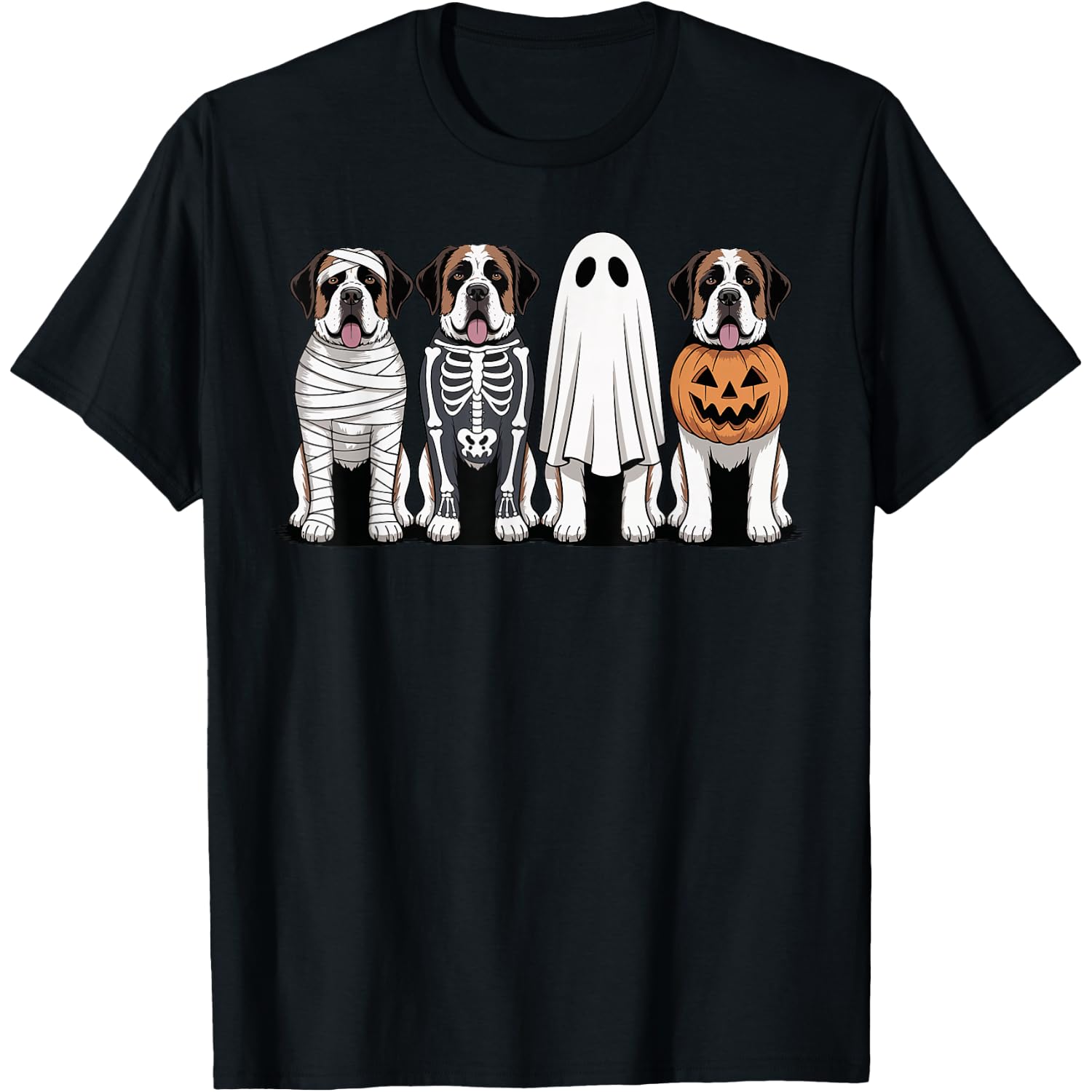 Spooky Ghost Saint Bernard Pumpkin Halloween Dog Skeleton T-Shirt