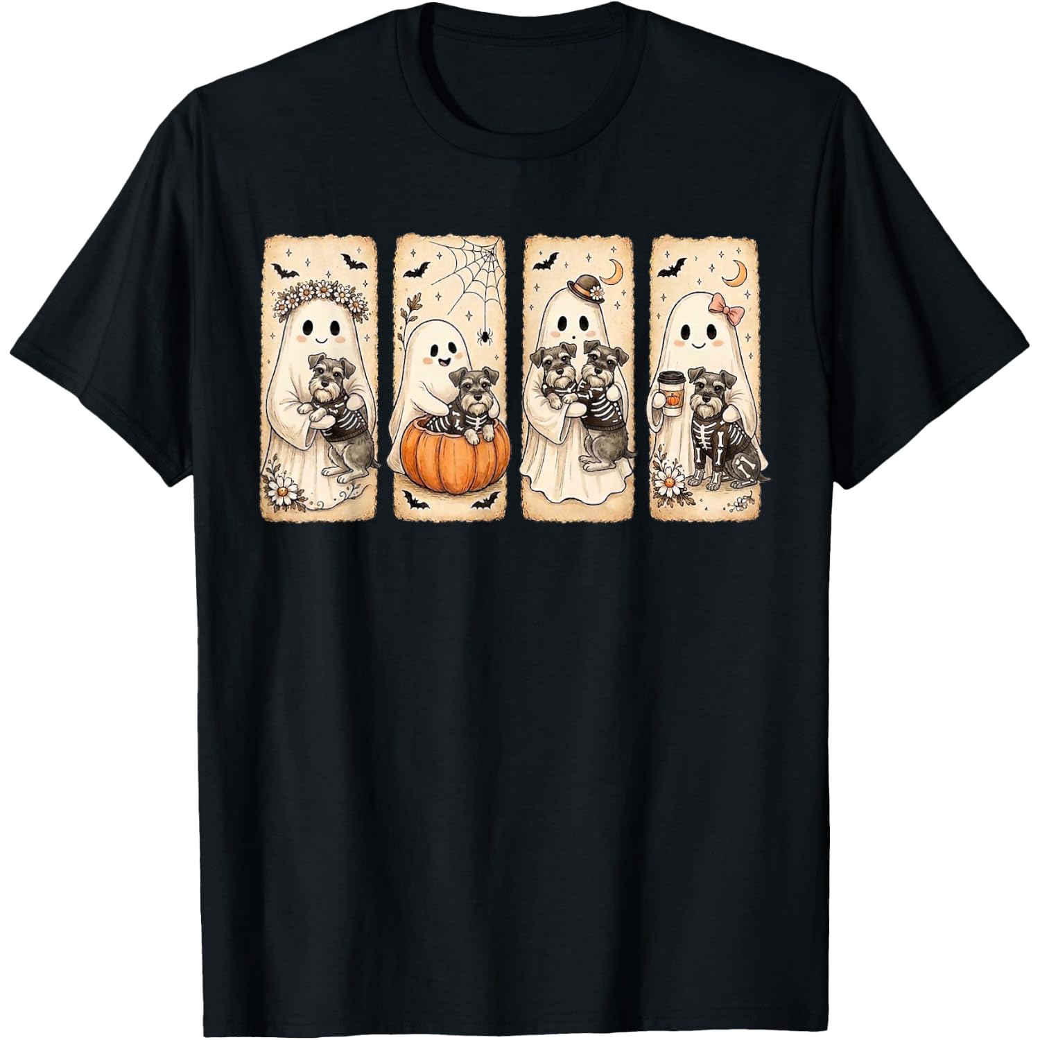 Spooky Ghost Schnauzer Pumpkin Halloween Dog Skeleton T-Shirt