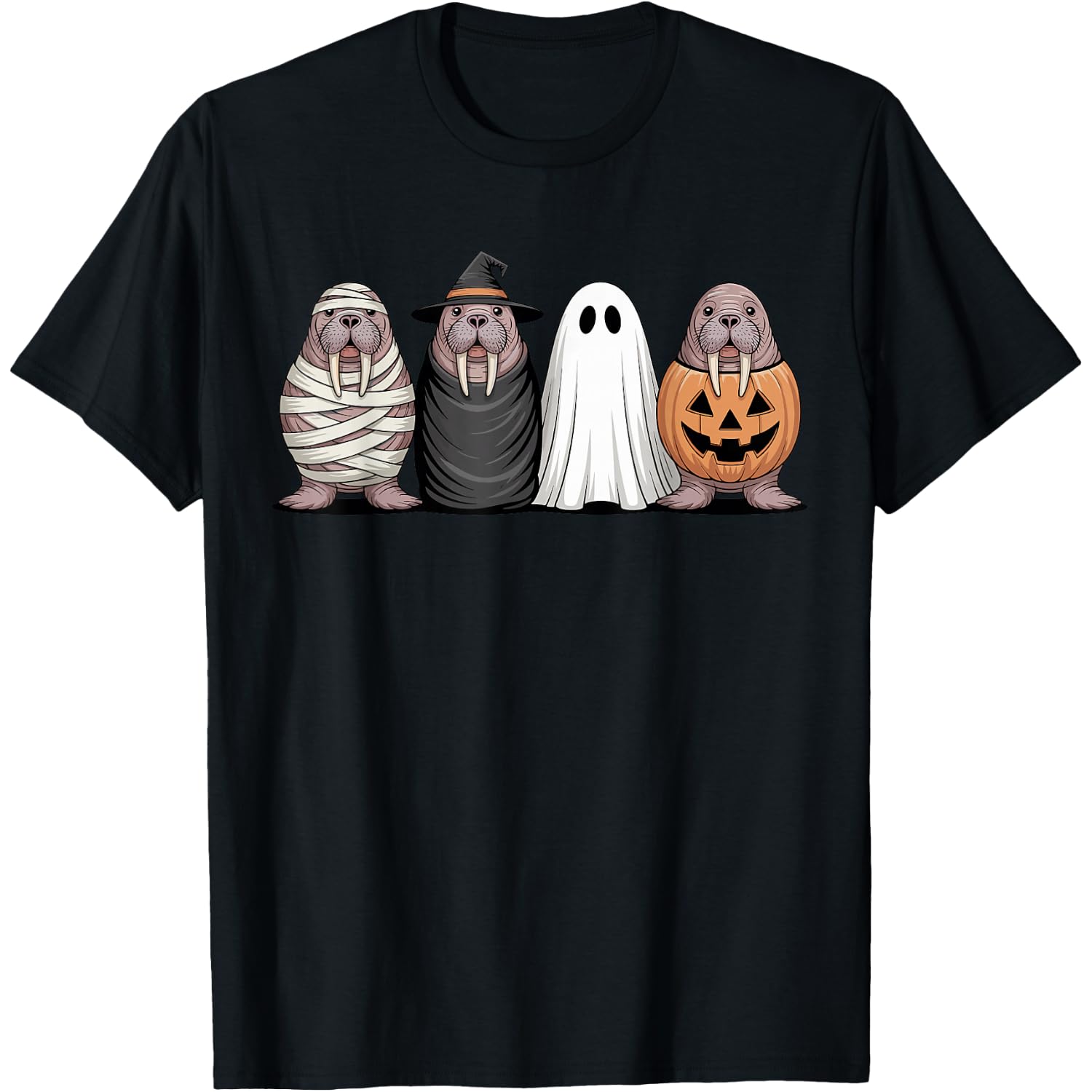 Spooky Ghost Walrus Pumpkin Halloween Skeleton T-Shirt