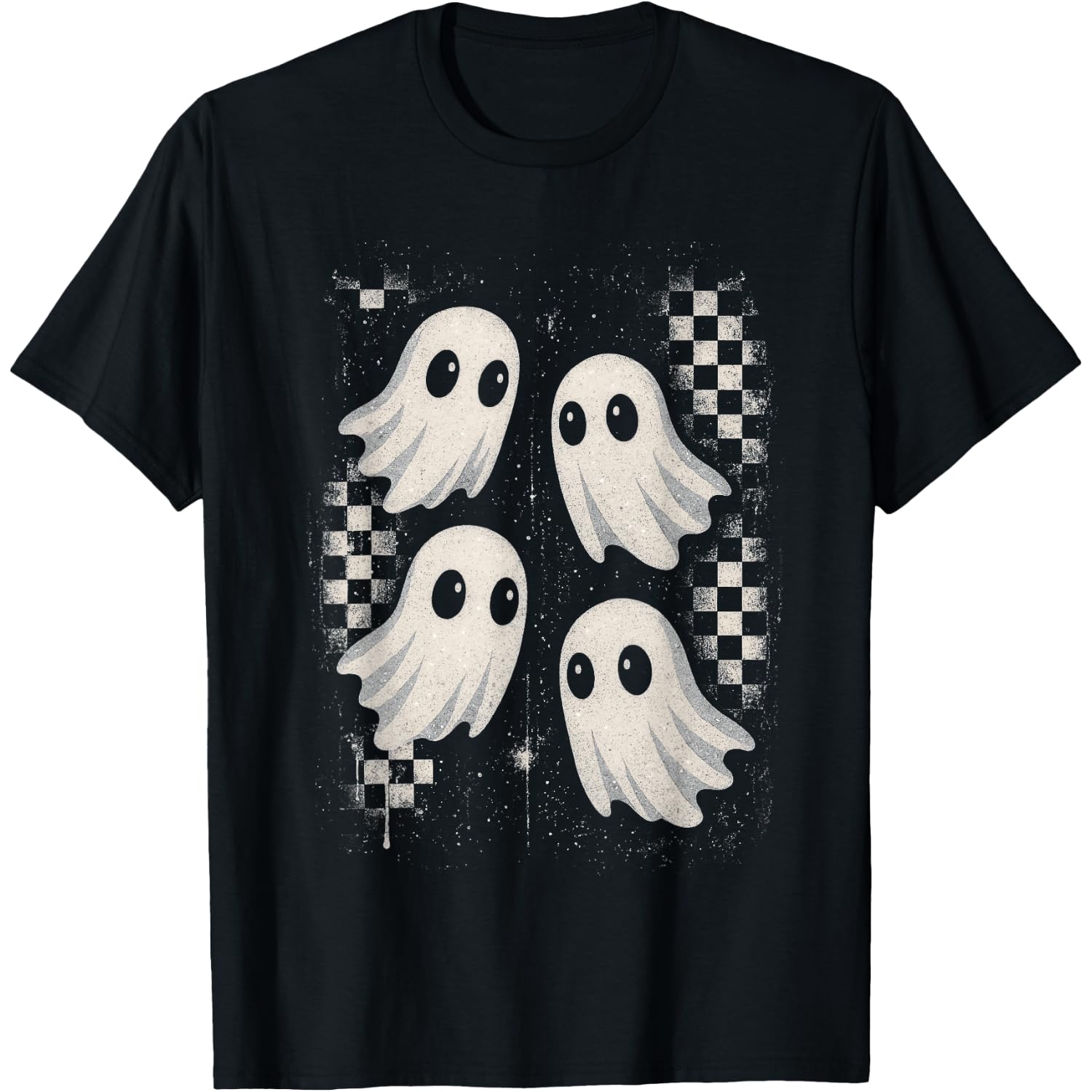 Spooky Grunge Ghost Pattern Tee Checkerboard Punk Checkered T-Shirt