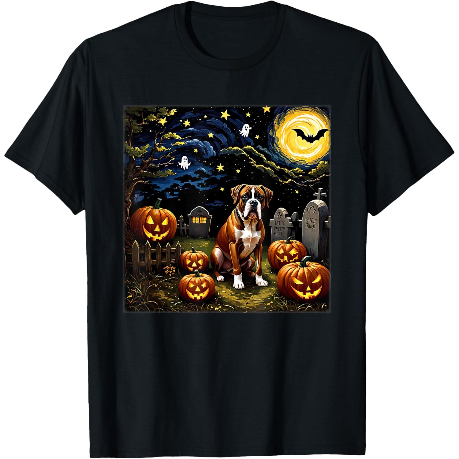 Spooky Halloween Boxer Dog Starry Night T-Shirt for Men Women Kids