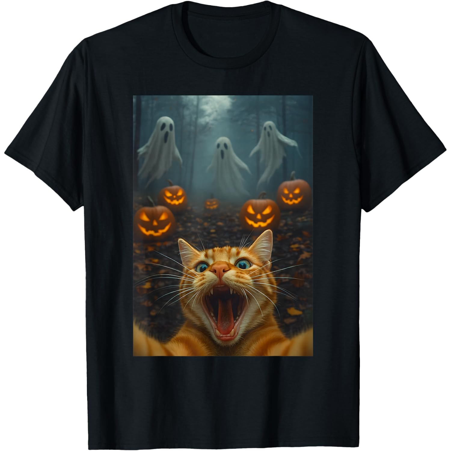 Spooky Halloween Funny Cat Selfie with Ghost Boo Pumpkin T-Shirt