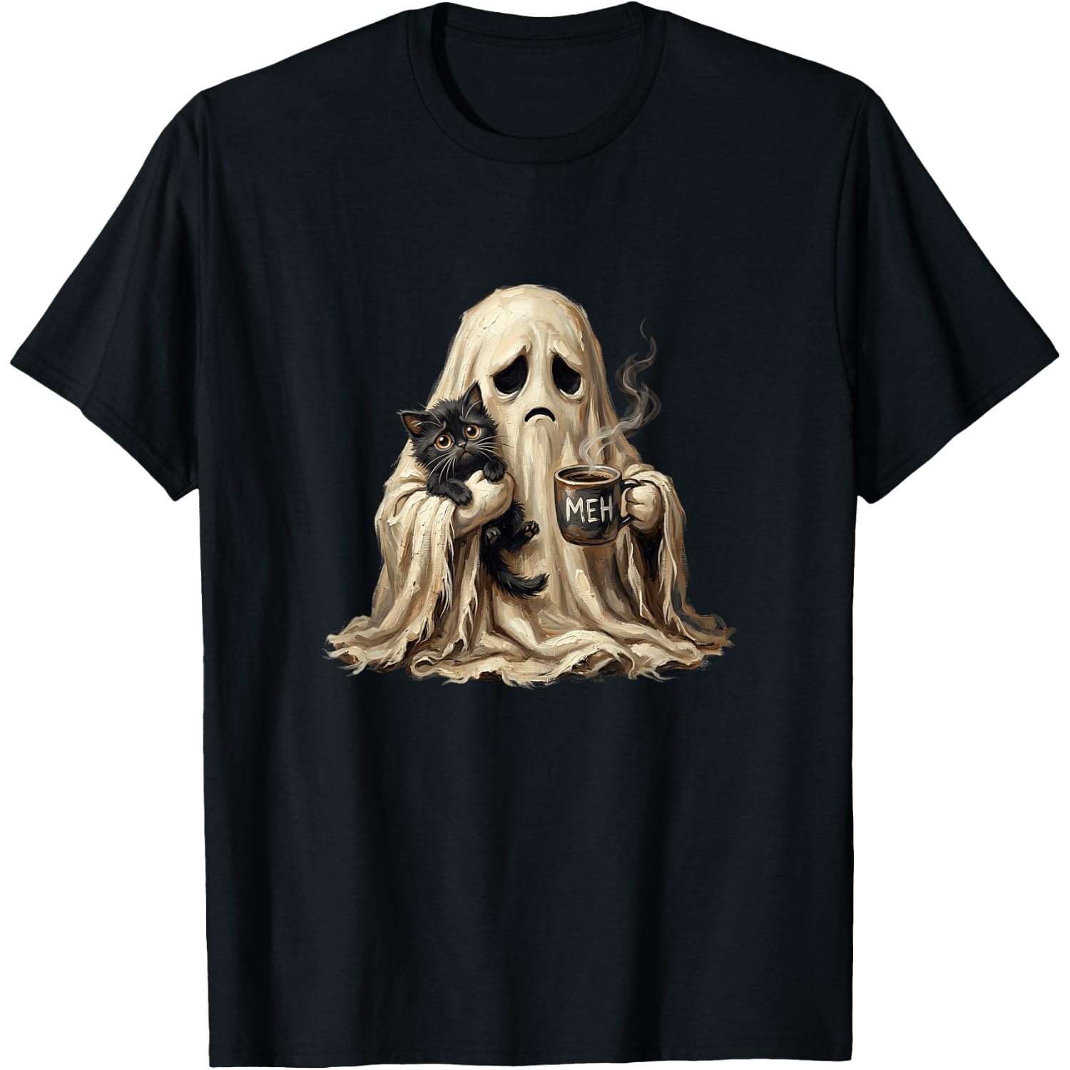 Spooky Halloween Ghost Holding Black-Cat Kitten Coffee Lover T-Shirt