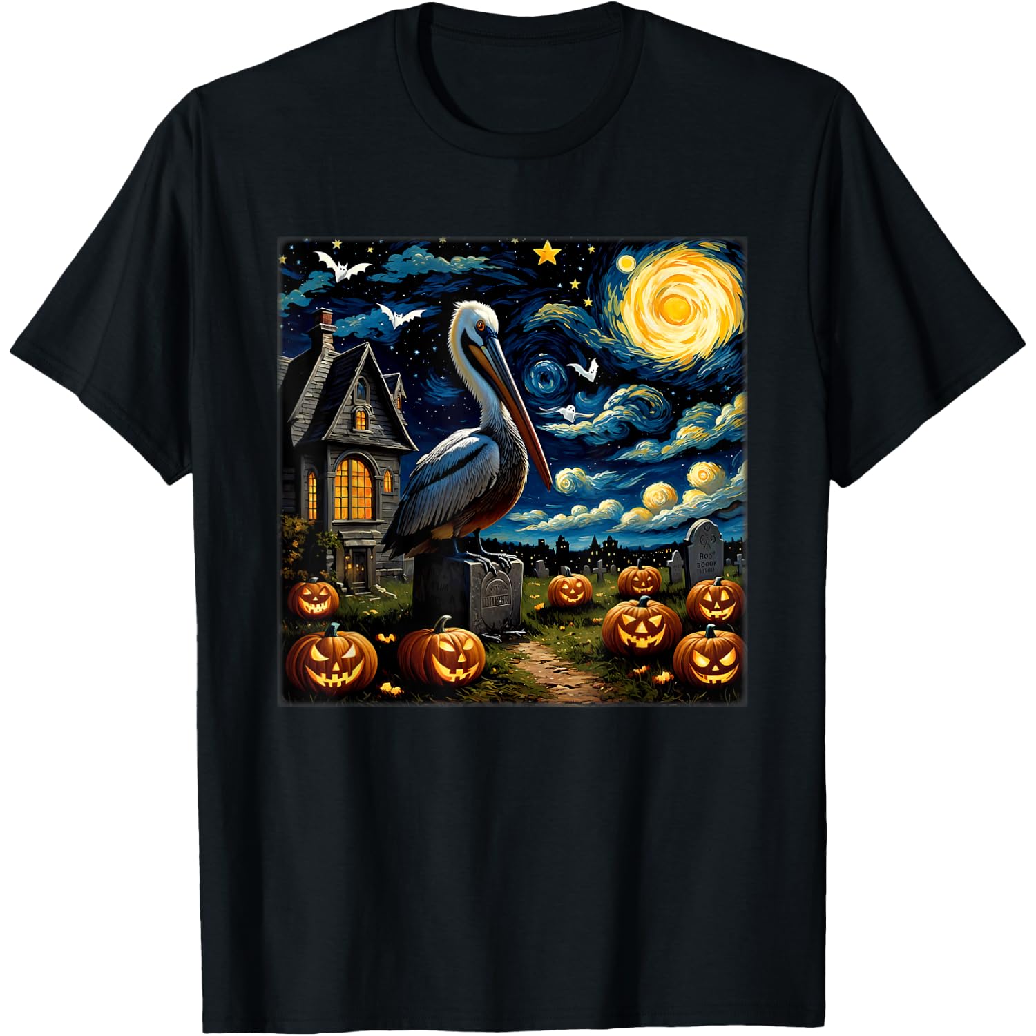 Spooky Halloween Pelican Starry Night T-Shirt