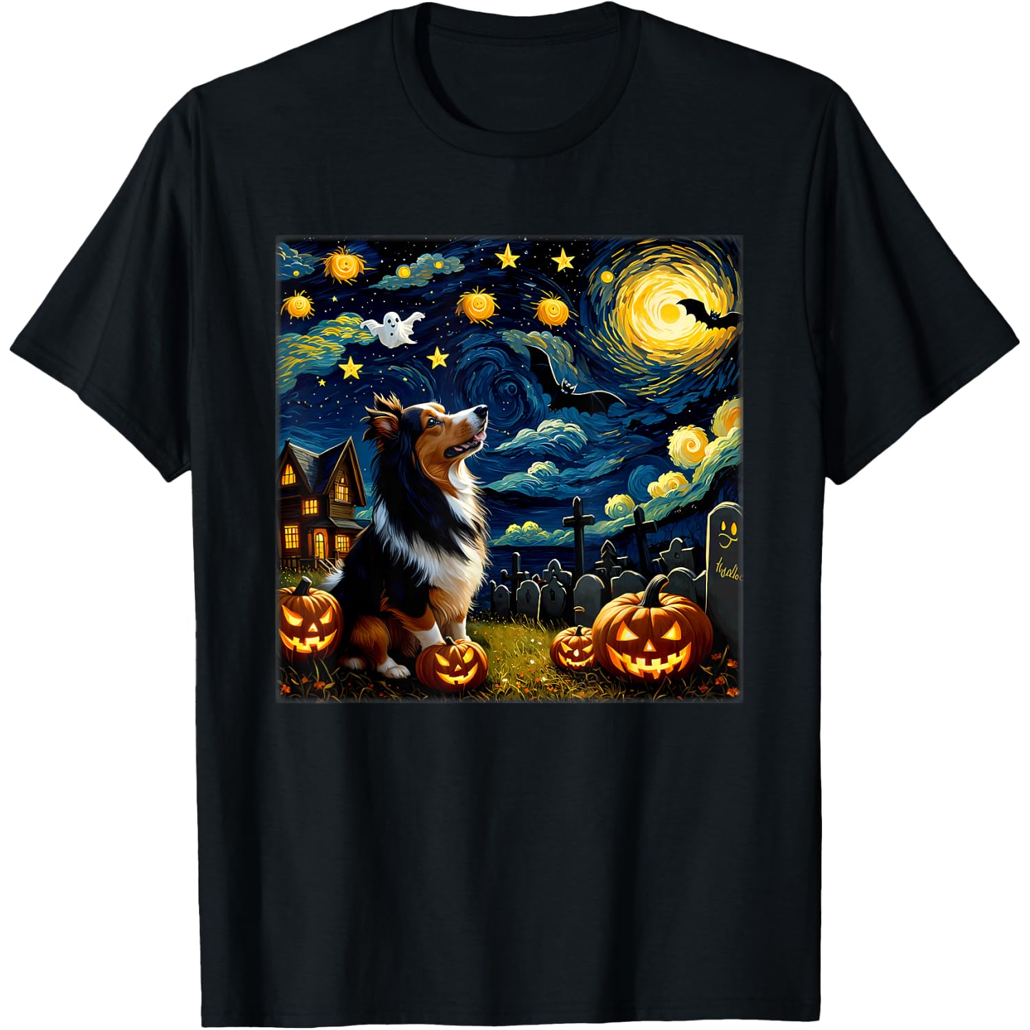 Spooky Halloween Sheltie Dog Starry Night T-Shirt for Men Women Kids