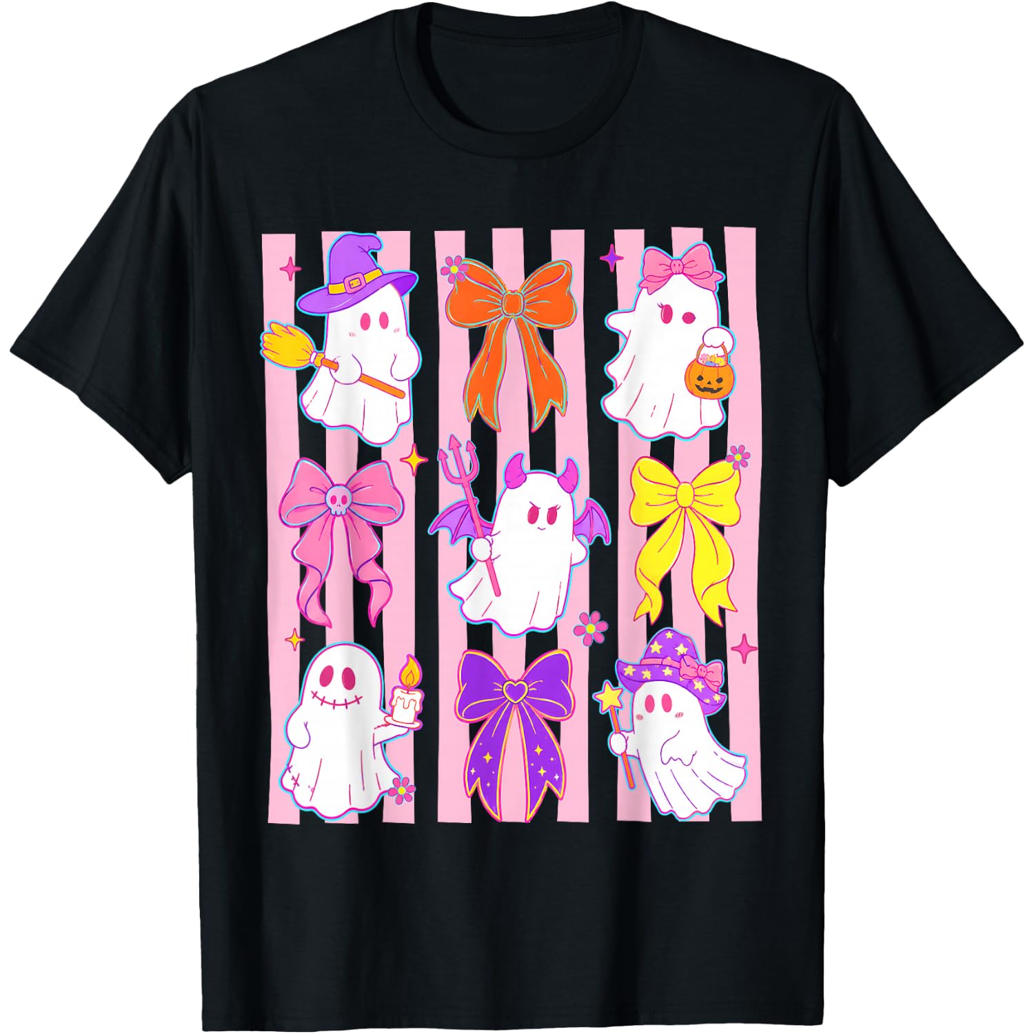 Spooky Halloween Striped Cute Ghost Coquette Bow Girl Women T-Shirt