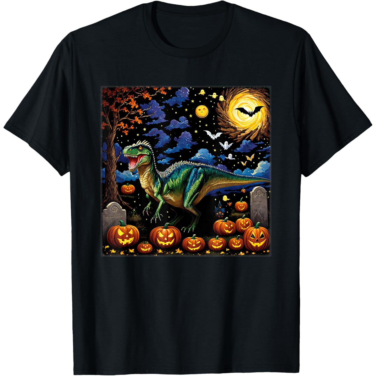 Spooky Halloween Velociraptor Starry Night T-Shirt