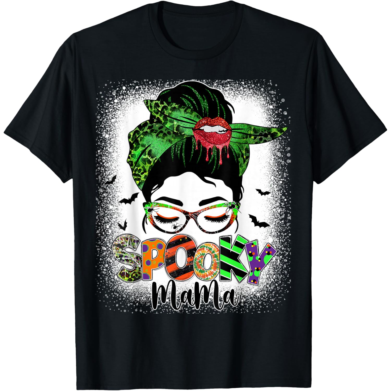 Spooky Mama Messy Bun Skull Mom Monster Bleached Halloween T-Shirt