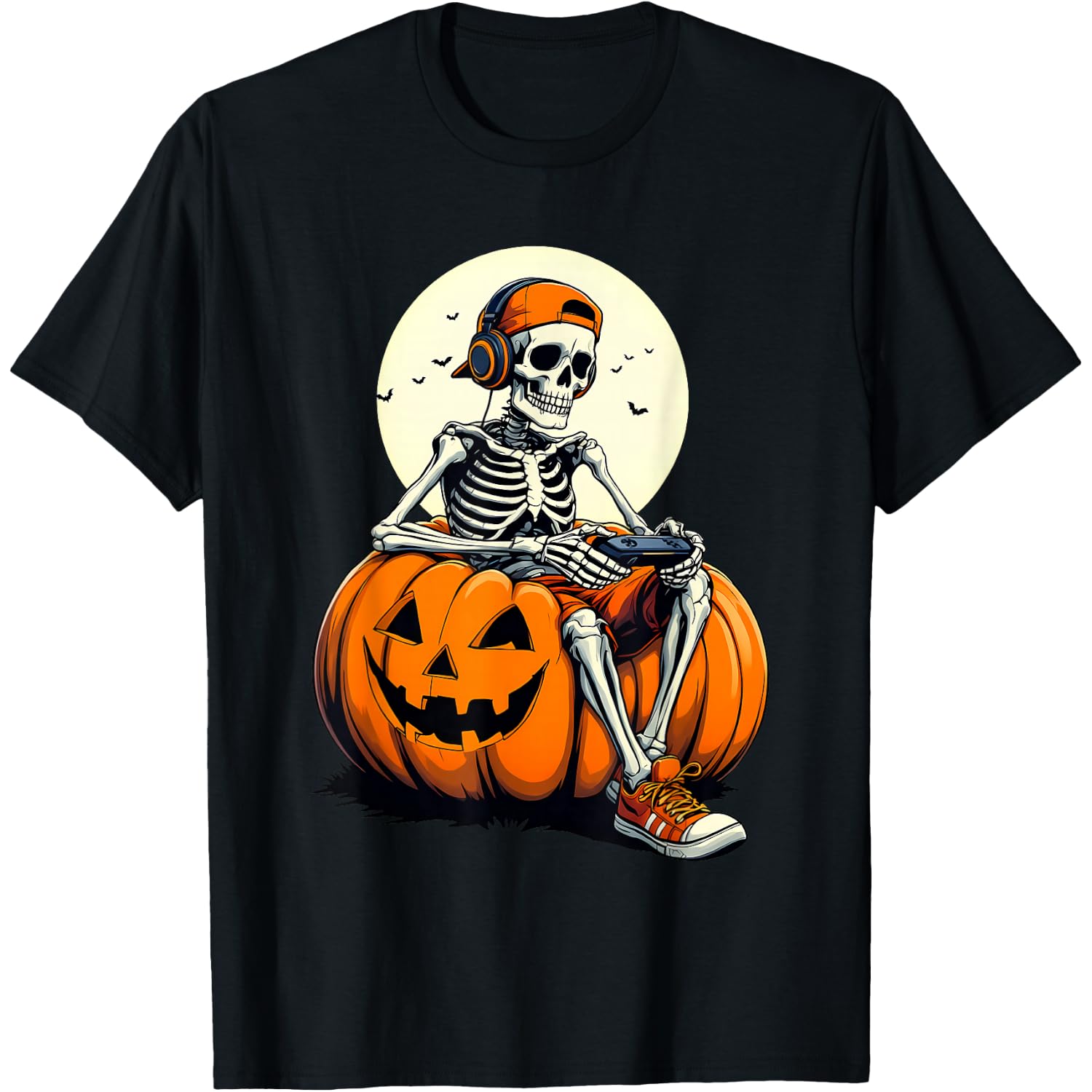 Spooky Pumpkin & Skeleton Gamer Tee | Boys & Kids Halloween T-Shirt