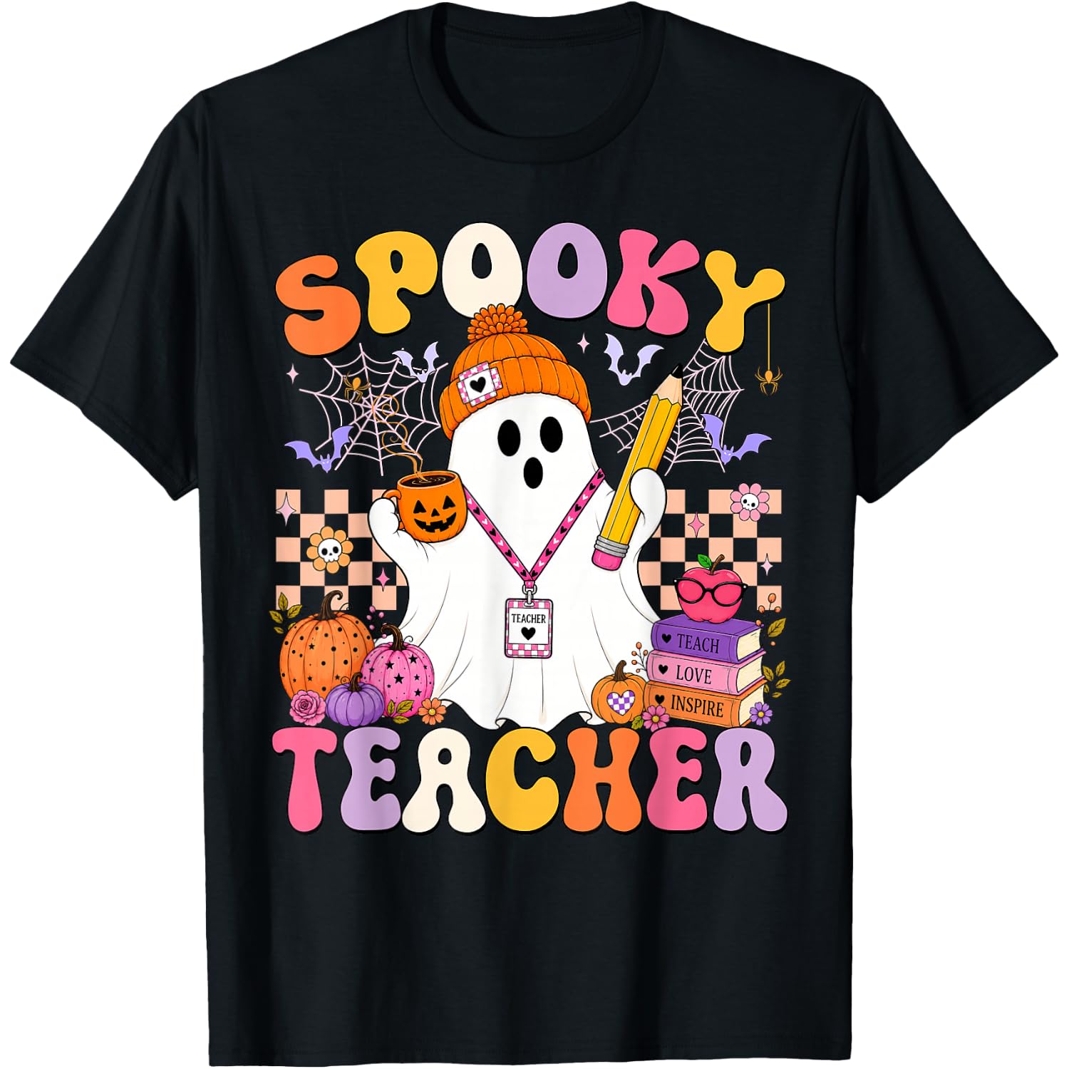 Spooky Teacher Ghost Pencil Coffee Funny Halloween Teacher T-Shirt