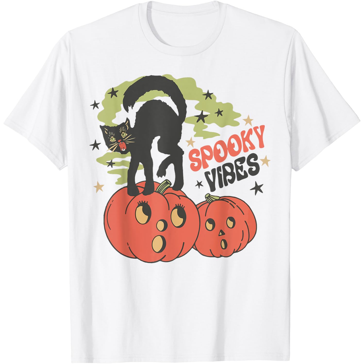 Spooky Vibes Black Cat On Pumpkin Funny Halloween Men Women T-Shirt