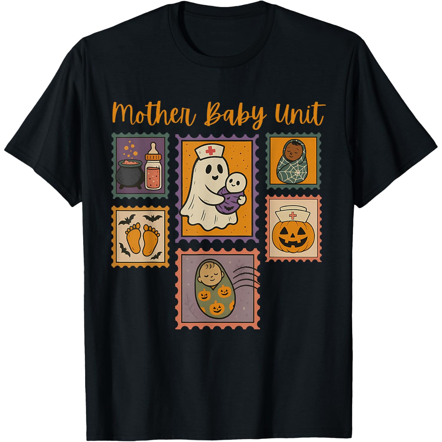 Stamp Mother Baby Nurse Halloween Spooky Nursery Nurse Ghost T-Shirt
