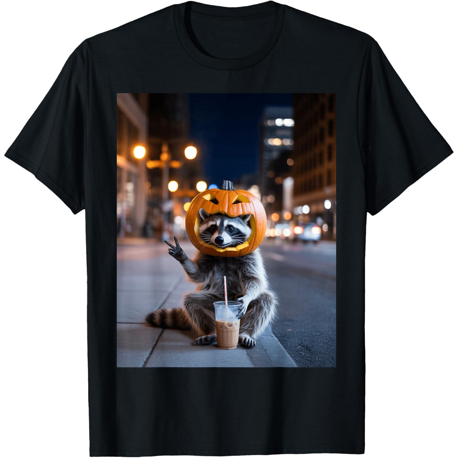 Stay Feral Raccoon Halloween Drinking Iced Coffee Pumpkin T-Shirt
