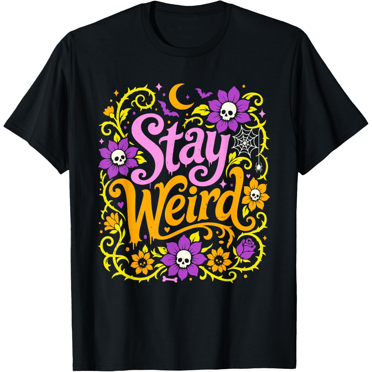 Stay Weird Halloween Floral Skull Retro Spooky Cute Graphic T-Shirt