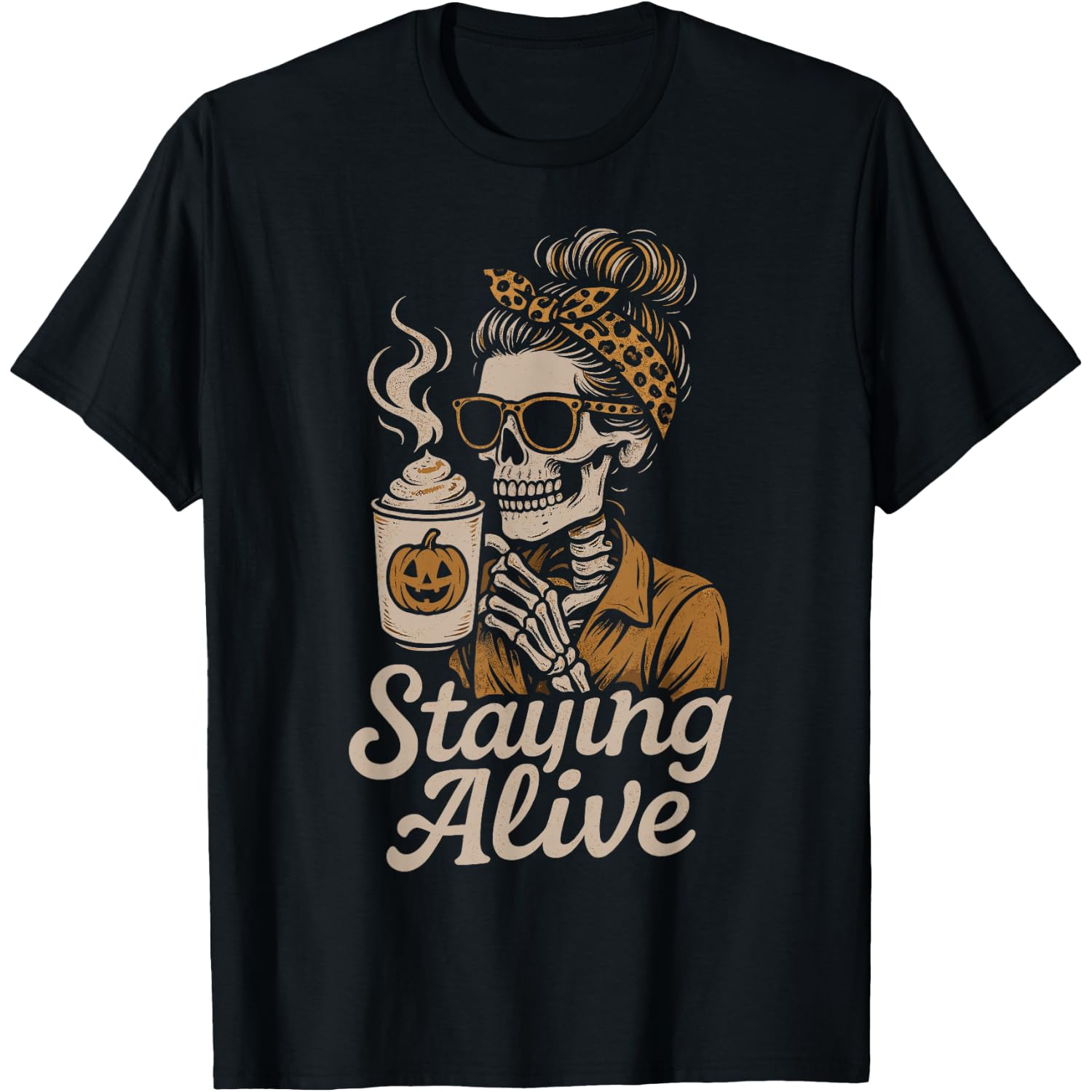 Staying Alive Spooky Skeleton Coffee Retro Halloween T-Shirt