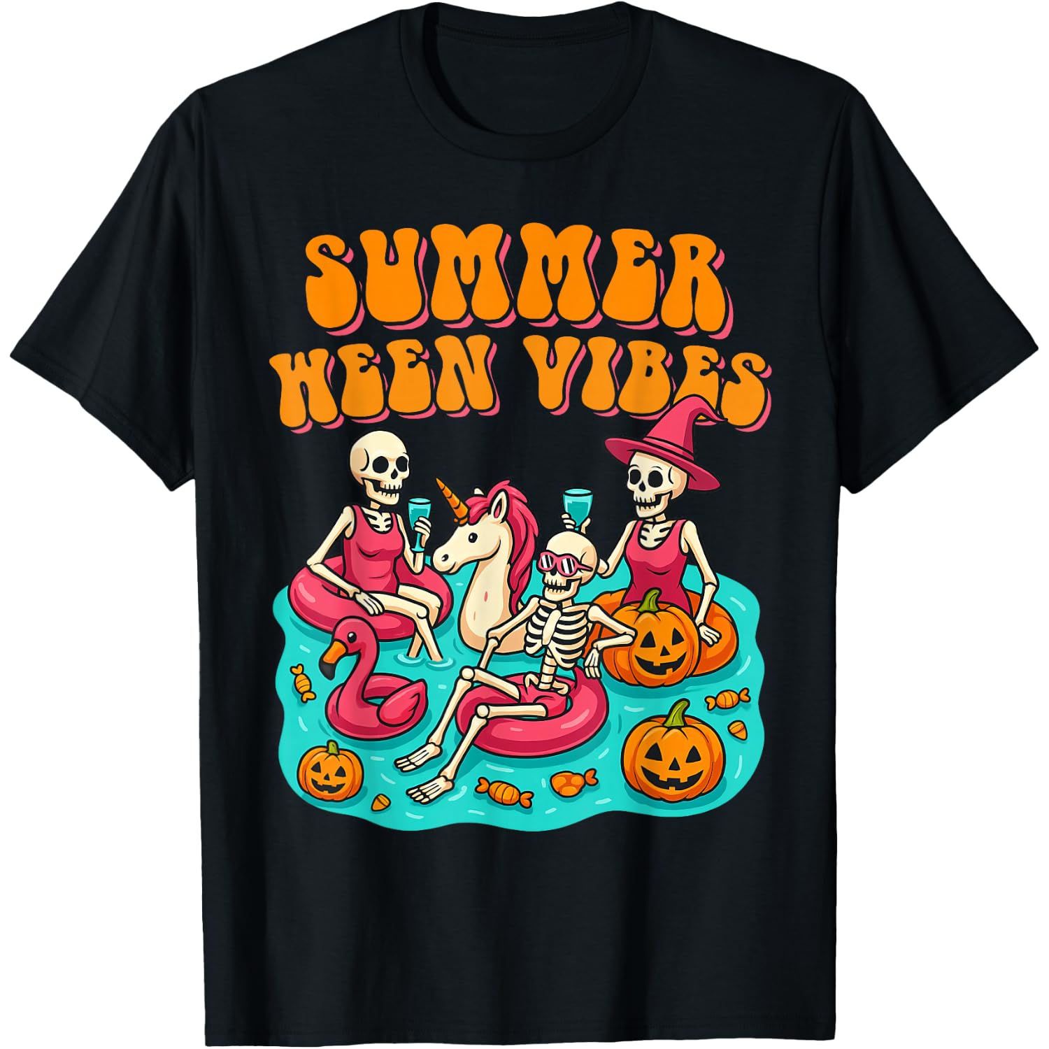 Summer Ween Vibes Funny Halloween Skeleton Swimming Pool T-Shirt
