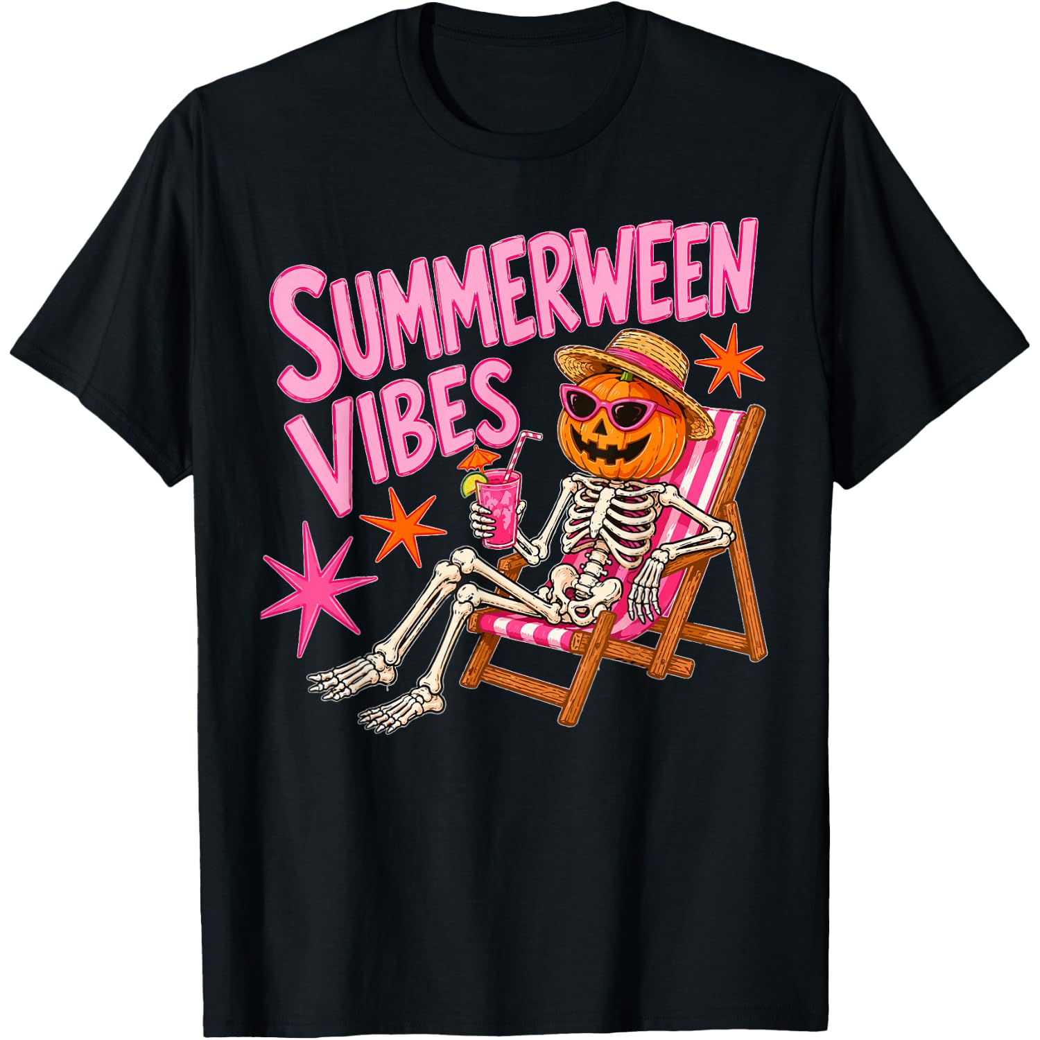 Summer-ween Vibes Skeleton Drinking Beach Halloween Summer T-Shirt