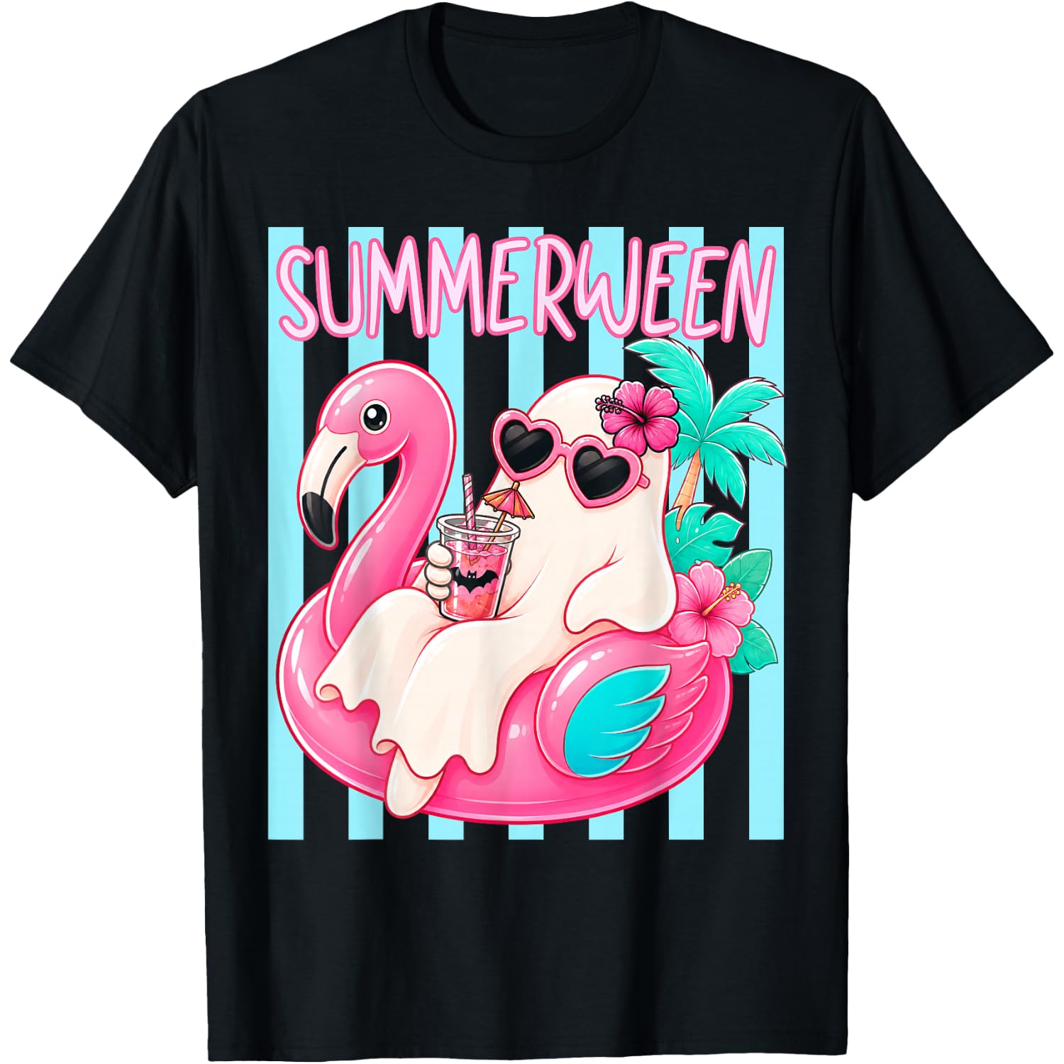 Summerween Funny Ghost Halloween Summer Floating in Flamingo T-Shirt