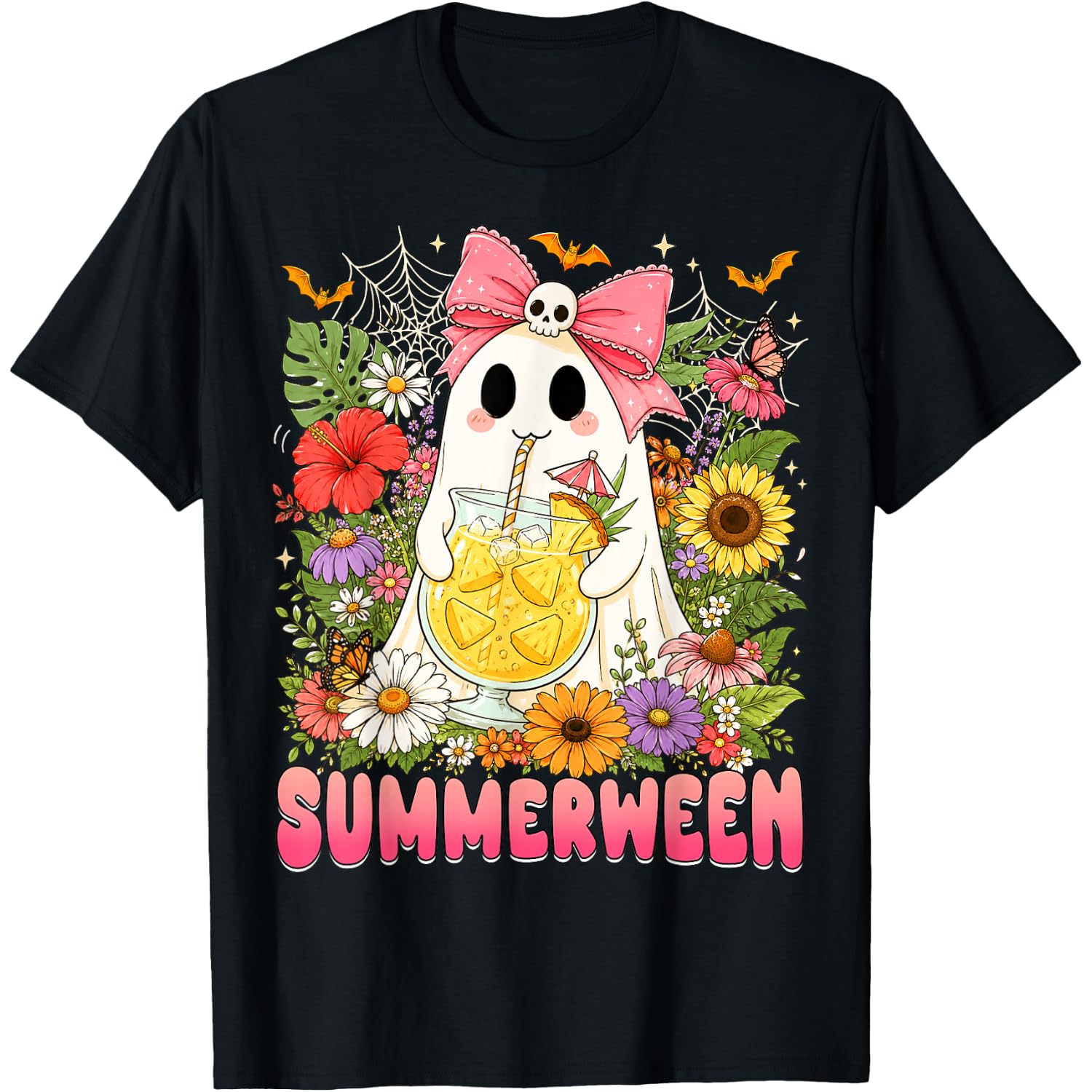 Summerween Funny Ghost Halloween Summer Floral Women Girls T-Shirt