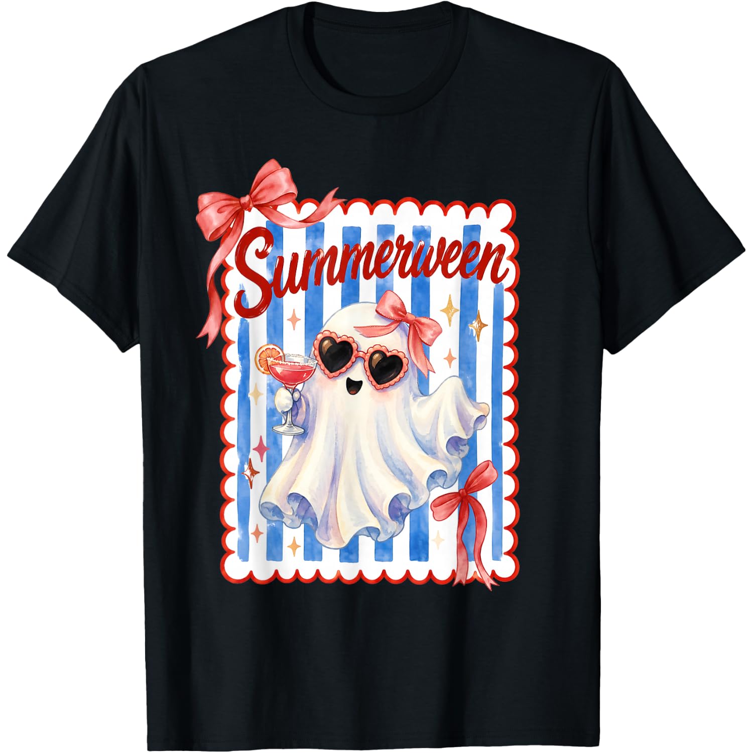 Summerween Ghost Coquette Bow Stripes Cute Spooky Season T-Shirt