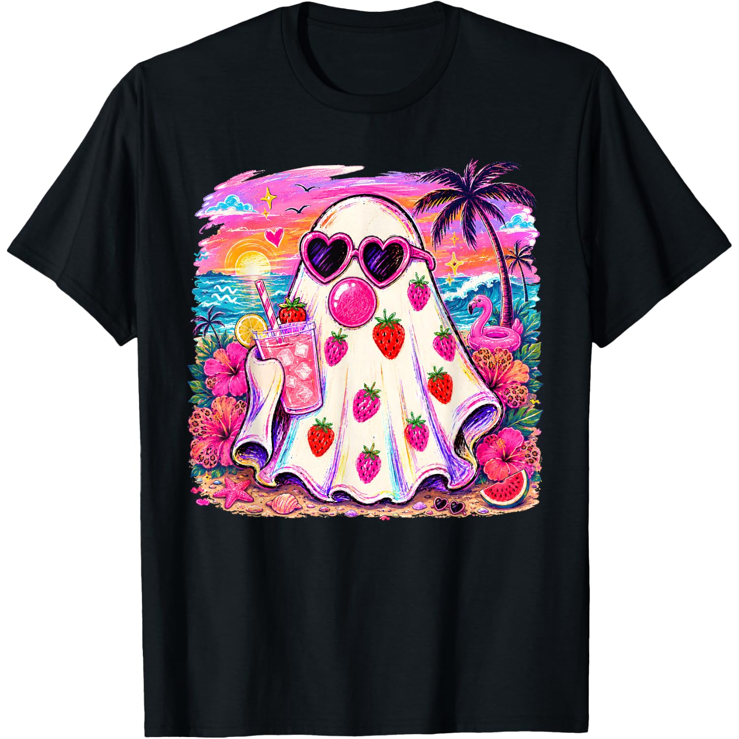 Summerween Ghost Strawberry Halloween Tropical Girl Women T-Shirt