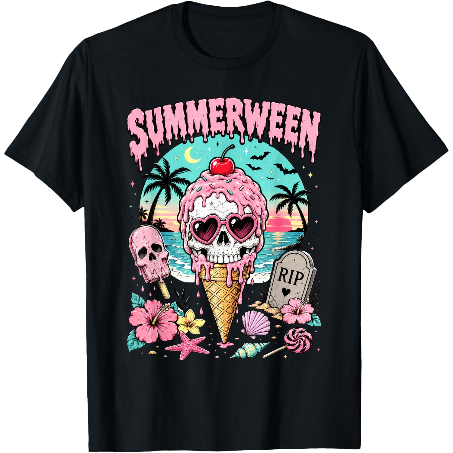 Summerween Horror Skull Ice Cream Funny Summer Halloween T-Shirt