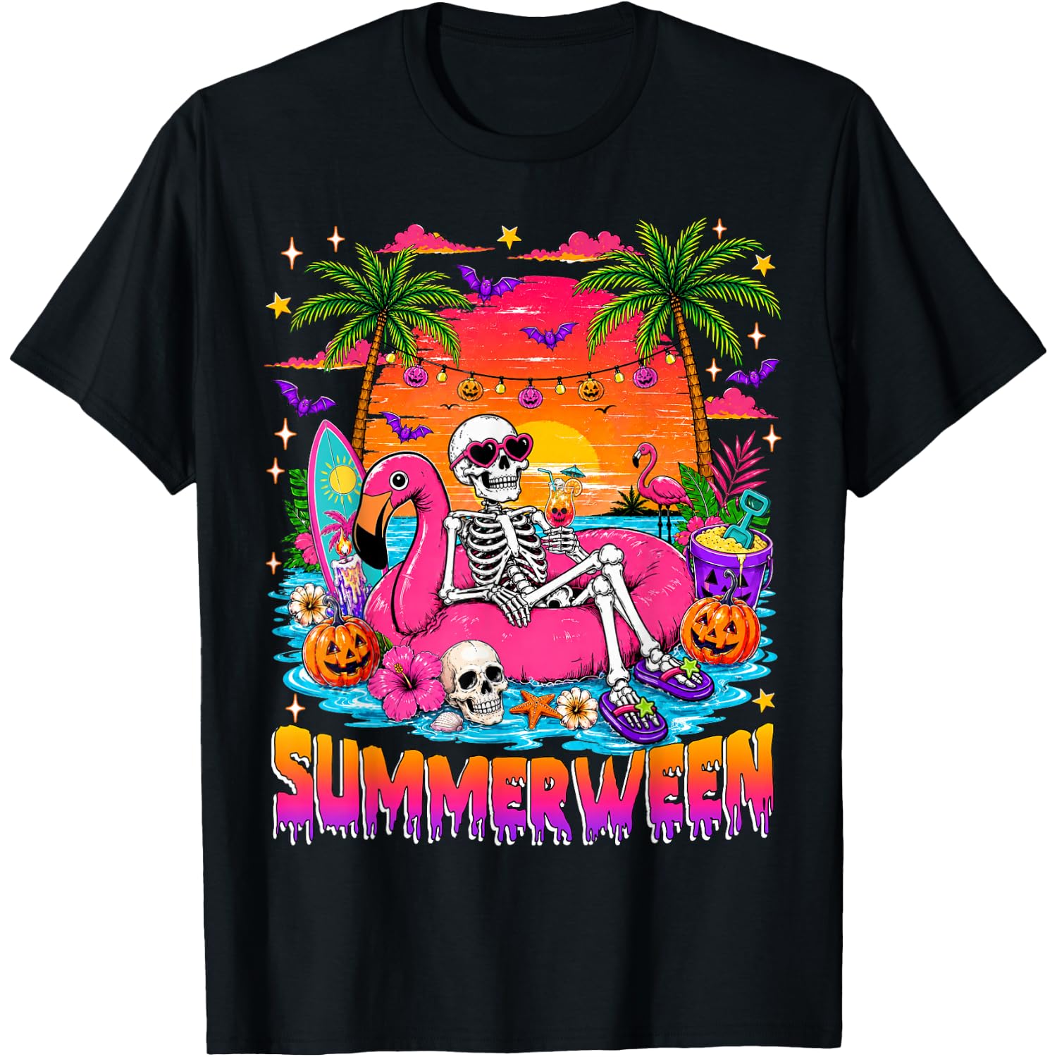 Summerween Skeleton Halloween Summer Floral Women Girl Kids T-Shirt