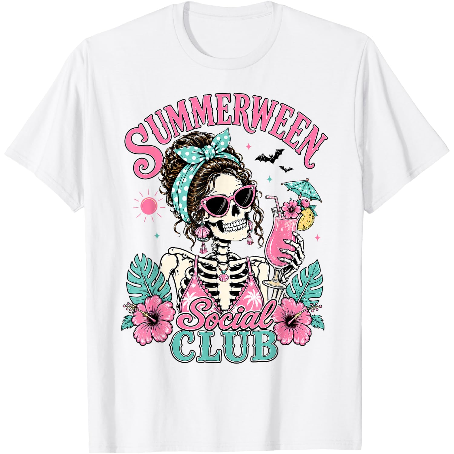 Summerween Social Club Skeleton Beach Halloween Women Girls T-Shirt