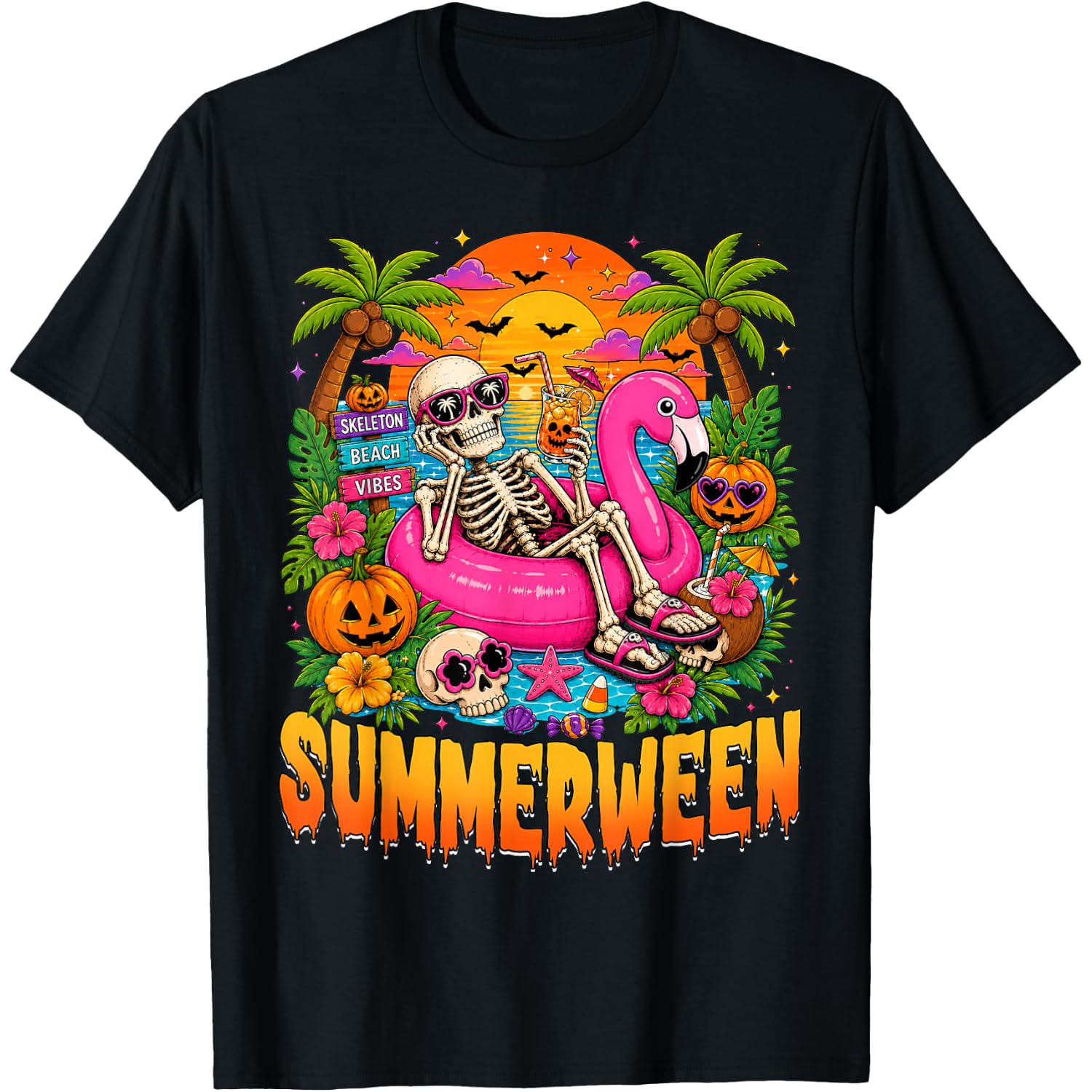 Summerween Spooky Summer Skeleton Halloween Beach Vacation T-Shirt