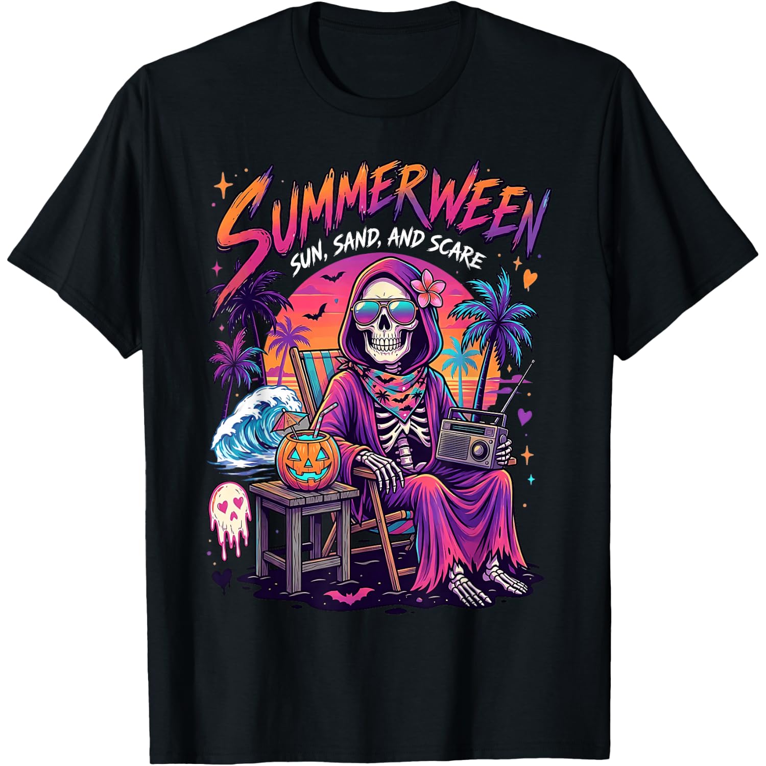 summerween Sun Sand and Scare Skeleton Halloween T-Shirt