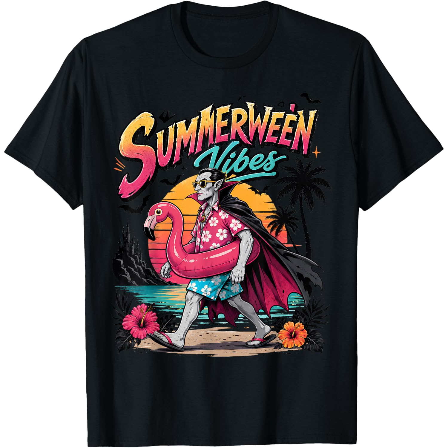 Summerween Vibes Funny Dracula Vampire Beach Halloween T-Shirt